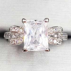 Radiant Cut White Diamond Simulants 925 Sterling Silver Bow Design Ring